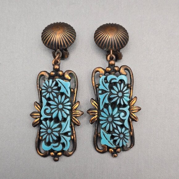 VTG Selro Turquoise Thermoset Floral Design & Copper Clip-On Earrings 2.5" - Picture 1 of 6